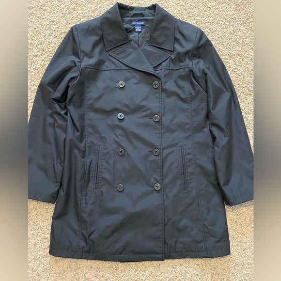 Ann Taylor Black Trench Coat Womens Med Double Breasted Rain Jackets Softshell - Picture 1 of 16